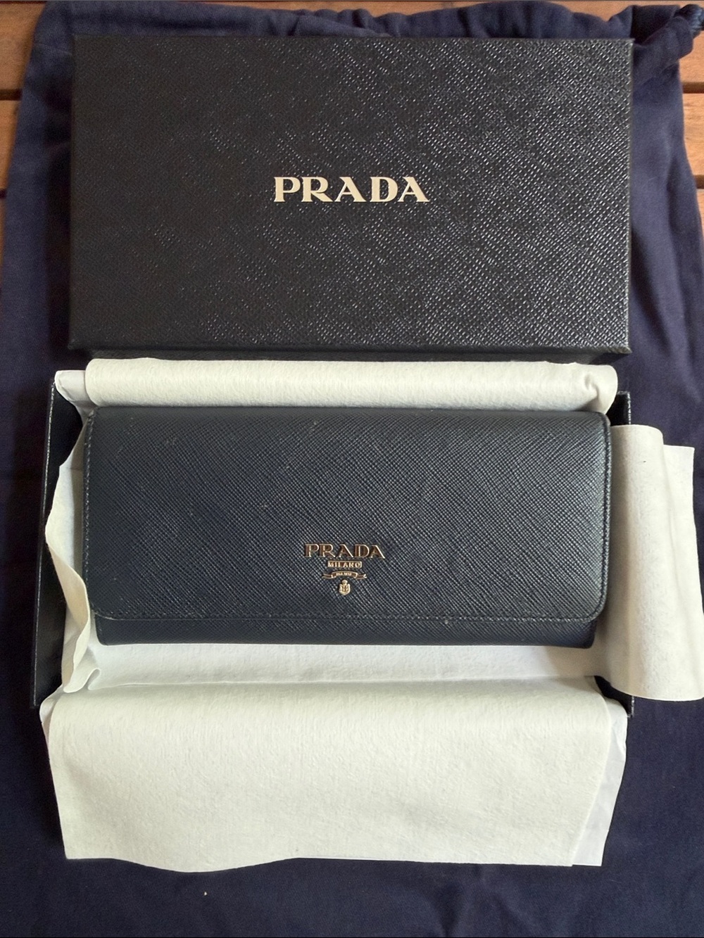 Prada Navy Blue Baltico Saffiano Leather Continental Wallet with Gold Logo